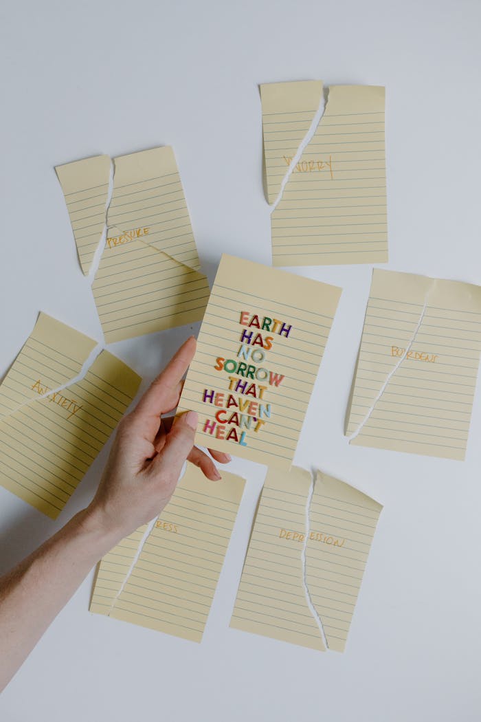A hand holding a note with an uplifting message surrounded by torn papers.